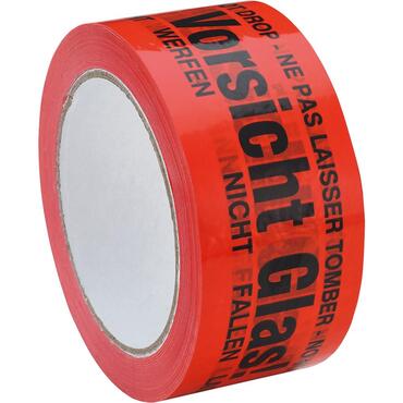 Adhesive tape printed with "Caution glass" in 4 languages